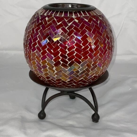 VTG RED AMBER ORANGE MOSAIC GLASS TEALIGHT CANDLE HOLDER WROUGHT IRON STAND - Picture 1 of 8